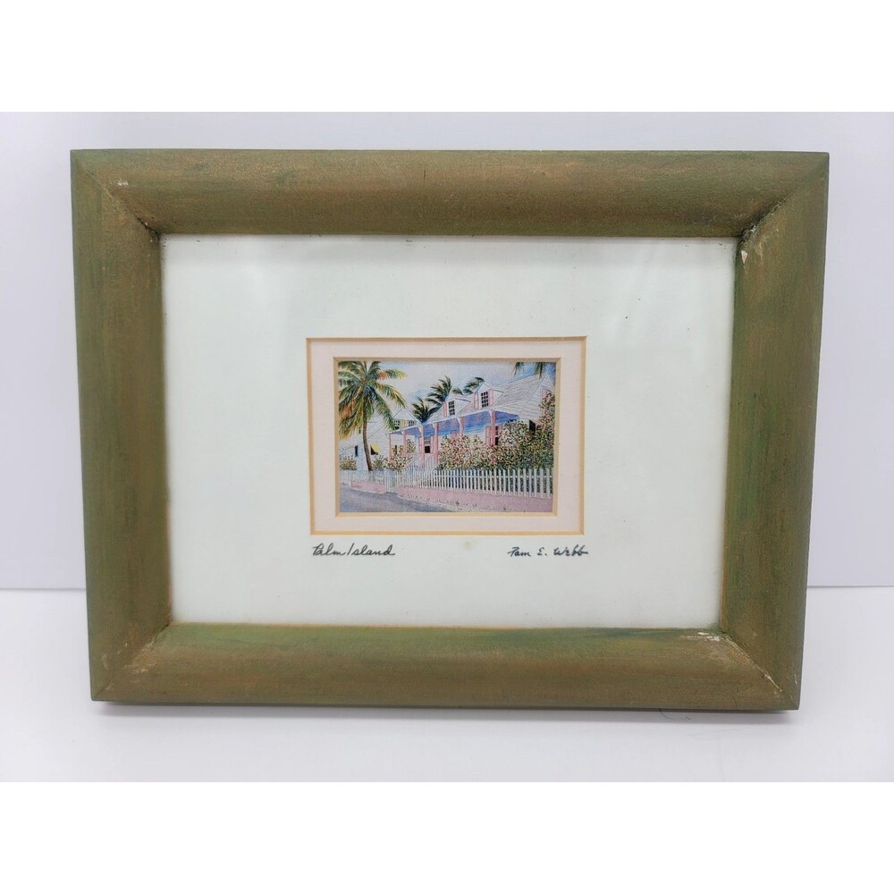 Vintage Pam E Webb's Palm Island Painting 8 1/4 x 6 1/4" Tropical Art Florida